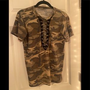 Camouflage V Neck Lace Up T Shirt